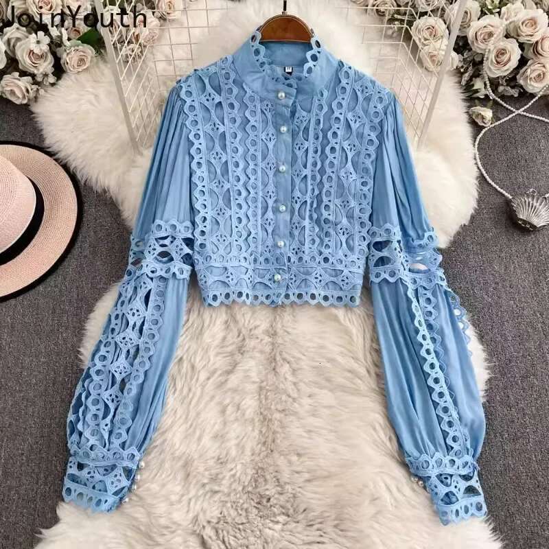 Fashion 2 Pieces Sets Women Clothing Stand Neck Lantern Sleeve Crop Shirts High Waist Skirt Outfits Hollow Out Lace Vintage Set