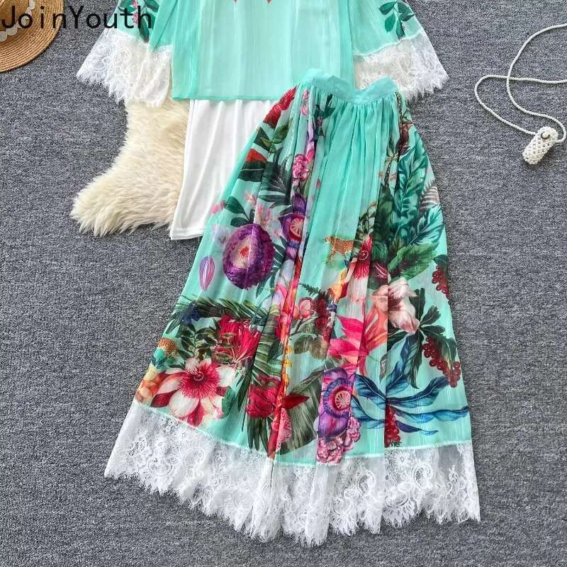 Skirt Suit Women Clothing Summer 2 Piece Set 2025 V-neck Patchwork Lace Floral Chiffon Blouse High Waist A-line Skirts Outfits