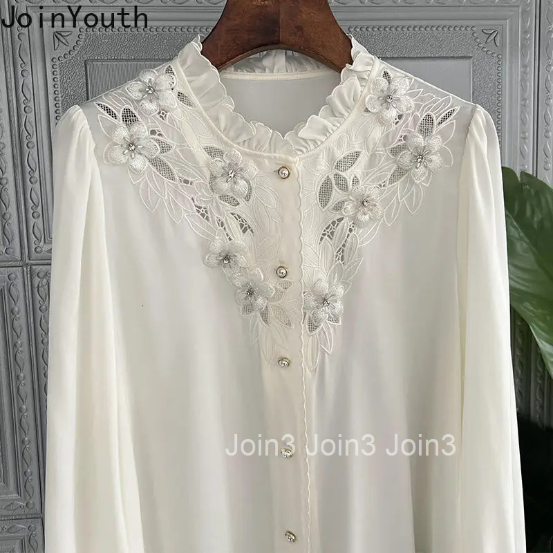 Elegant Women Tops Stand Neck Long Sleeve Ruffles Blouses Fashion White Shirts Hollow Out Vintage Shirts Femme Blusas Clothes