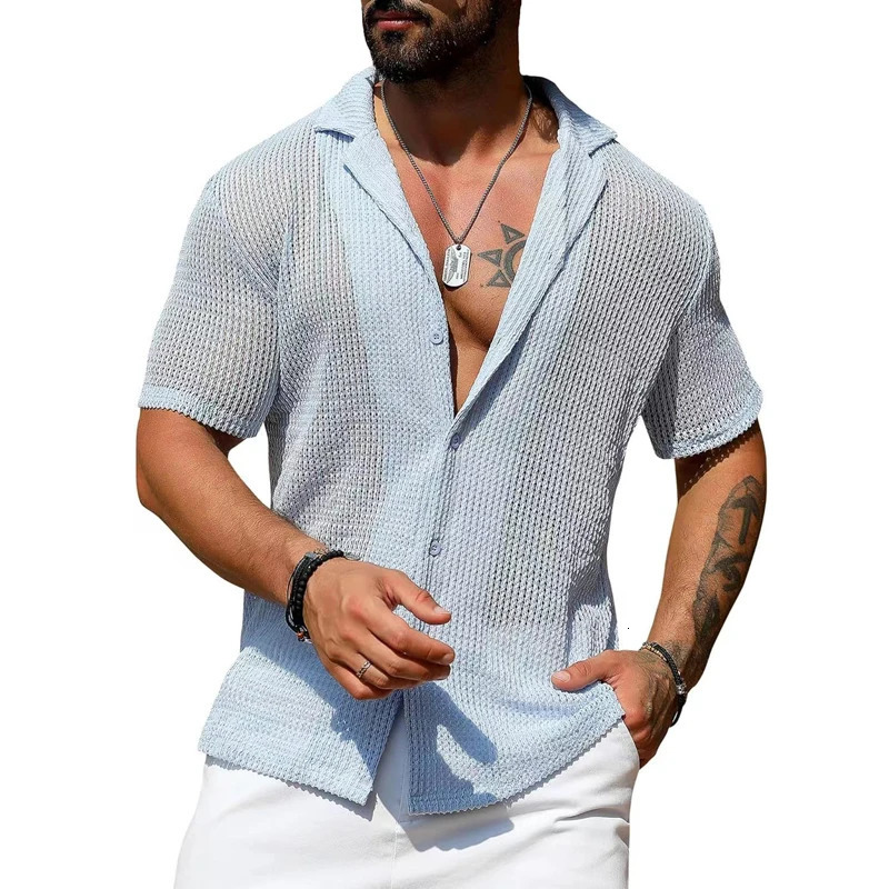 Summer Knitted Mens Polo Shirts Slim Button Lapel Short Sleeve Cardigan Tee Men Polos Fashion Solid Color Hollow Breathable Top 250619