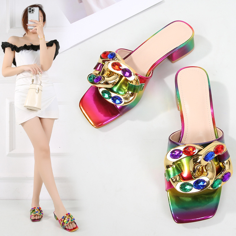 2024 New Cross-Border Trade Plus Size Sandals Slippers New European and American Colorful Metal Rhinestone Square Toe Wedge Shoes