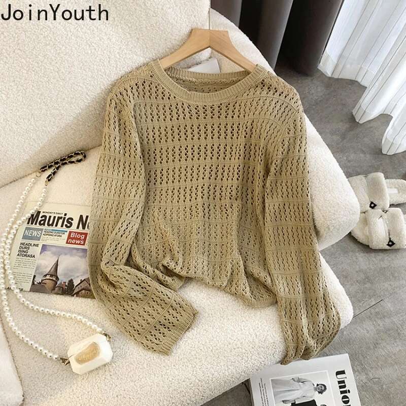 Sueter Mujer Fashion Sweaters Tops Womens Clothing Long Sleeve O-neck Jumper Casual Knitted Hollow Out Summer Cropped Pullovers