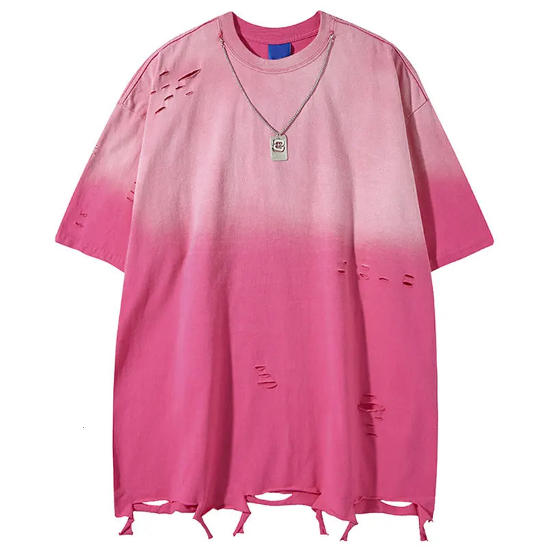Vintage Men T-Shirt Y2K Grunge Ripped Hole Tie Dye Gradient Oversized T-shirt with Chain Hip Hop Punk Gothic Baggy Streetwear Top 250616