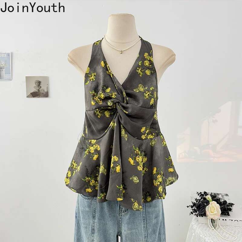 Floral Woman Tanks Folds Backless Sexy Tees 2025 Ropa Mujer Ruffles Summer Camis Fashion Slim Fit Vest Y2k Tops Women Clothing
