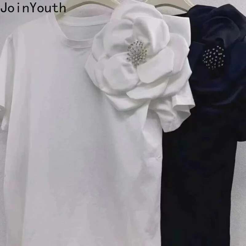 White Tshirts for Women 2025 Ropa Mujer Short Sleeve O-neck Tees Oversized Tops 3D Floral Sweet T Shirt Fashion Summer T-shirt