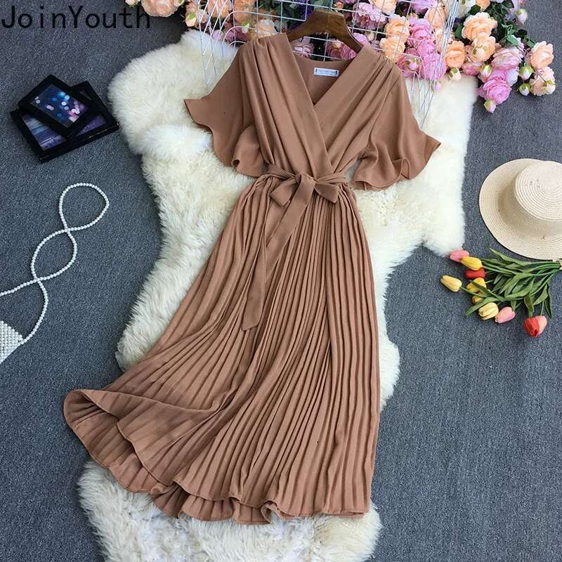 Maxi Dresses for Women V-neck Korean Vintage Long Robe 2025 Vestidos De Mujer Bandage Dress Fashion Pleated Summer clothes