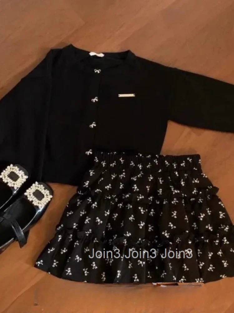 Two Piece Sets Womens Outfits Roupas Femme Knit Cropped Sweater Coat High Waist Floral A-line Skirt Suit Chic Sweet Skirts Set