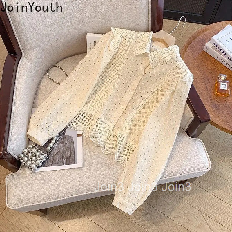 Crop Tops Women Shirt 2025 Blusas Mujer De Moda Hollow Out Patchwork Lace Long Sleeve Blouse Ruffles Chic Korean Sweet Blouses