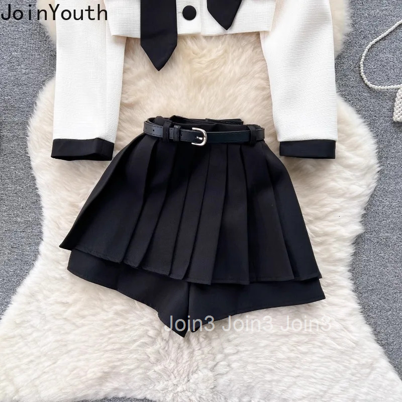 Women Clothing 2 Piece Skirt Set Roupas Femme Bandage V-neck Tunic Crop Tops High Waist Pleated Mini Skirts Outfits Fashion Suit