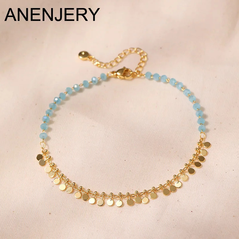 ANENJERY 18K Gold Plated Tassels Charm Anklet for Women Boho Summer Bracelet Blue Stone Beaded Handmade Jewelry Wholesale 250617