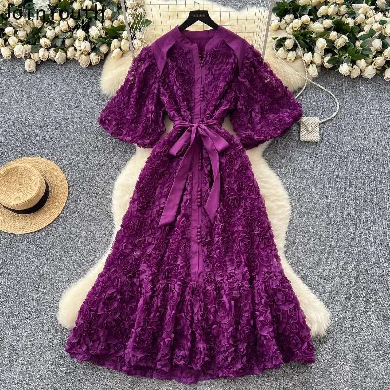 Elegant Woman Dresses Heavy 3D Floral Sweet Chic Robe Femme Slim Waist Single Breasted Bandage Maxi Dress 2025 Vestidos De Mujer