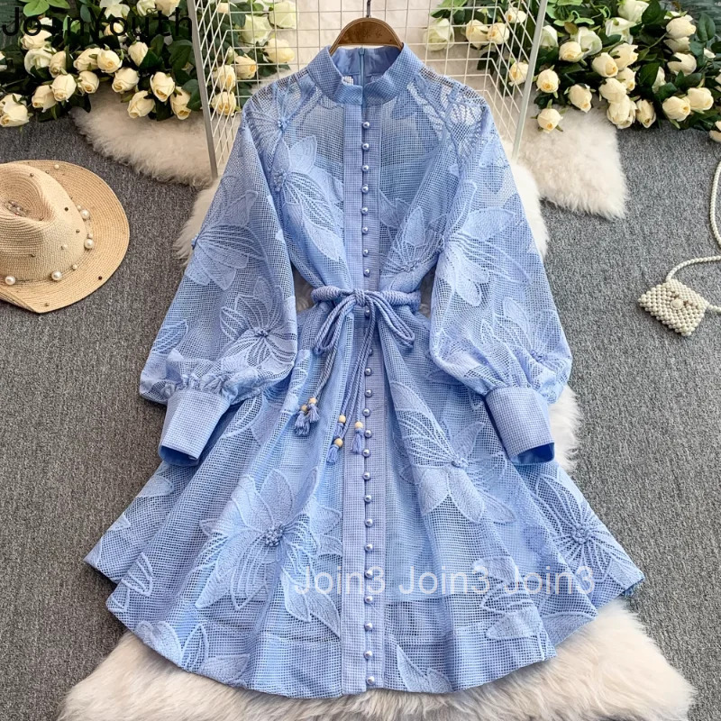 2025 Vestidos De Mujer Embroidery Dresses for Women Stand Neck Lantern Sleeve Single Breasted Robe Femme Fashion Summer Dress