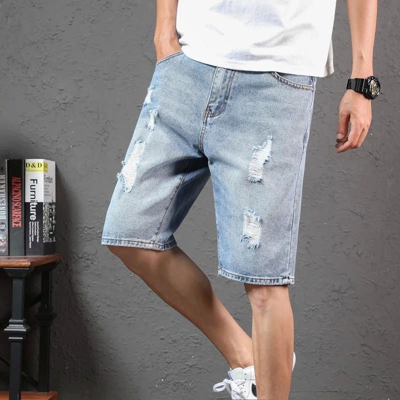 Blue Hole Denim Shorts Mens Summer Casual Jeans Shorts Large Size 28-36 38 40 250617