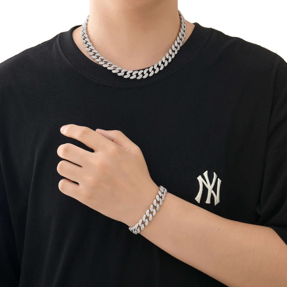 12mm Cuban Chain Micro Paved Zircon Spring Clasp Personality Trendy Men's Hip Hop Necklace Accessories e413