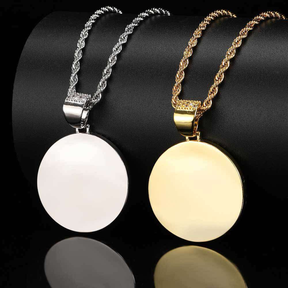 Hip Hop Small Round Trendy DIY Creative Photo Frame Zircon Pendant Men's Necklace 0b36