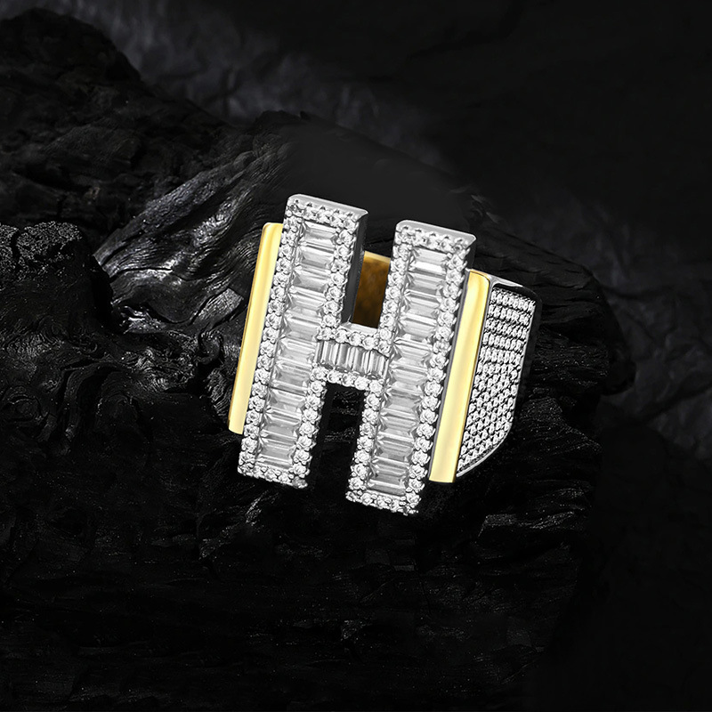 Luxury Jewelry Men's Hip Hop Double Row English Letter H Ring Full Diamond Micro Pave Personalized Bold Accessory