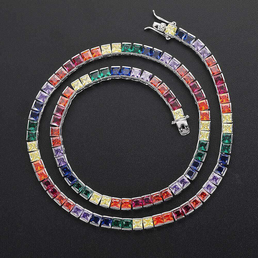 Minimalist Hip-Hop Jewelry 4mm Colorful Square Zircon Tennis Chain Real Gold Plated Trendy One-Row Necklace d2d5