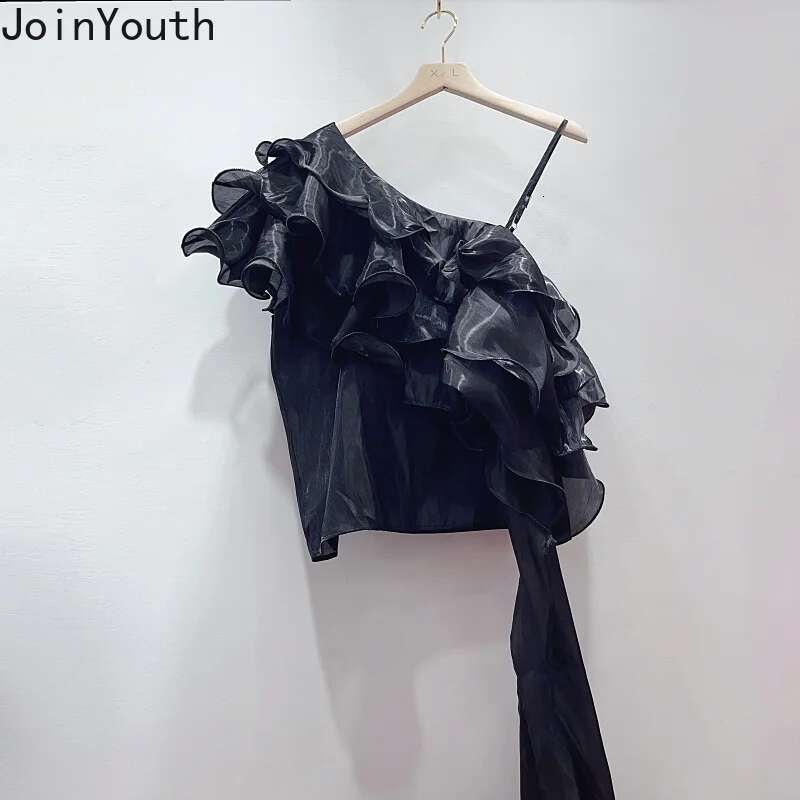 Sexy Camisas De Mujer Summer Blouse 2025 Women Clothing Sleeveless Off Shoulder Shirts Crop Tops Chic Irregular Ruffles Blouses