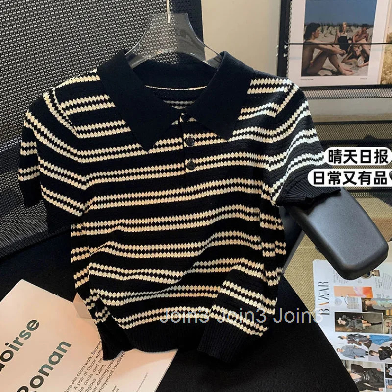 Summer Woman Tshirts 2025 Shirts for Women Fashion Striped Casual Tees Korean Knitted T Shirts Short Sleeve Crop Tops Ropa Mujer