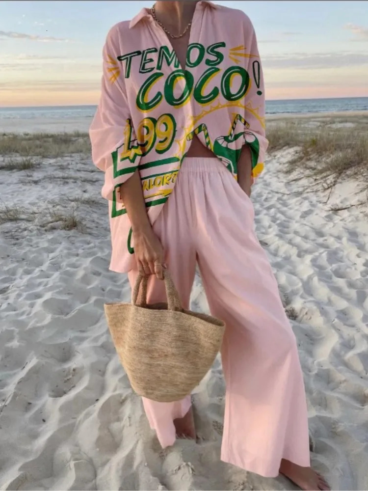 Casual Boho Print Set For Women Fashion Long Sleeve Tops High Waist Wide Leg Pants Two Piece Sets Lady Holiday Womens Clothing 250617