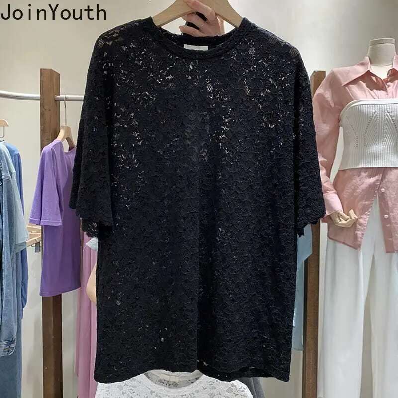 Summer Woman Tshirts 2025 Ropa Mujer Fashion Lace Hollow Out T Shirts O-neck Short Sleeve Tees Oversized Tops White T-shirt