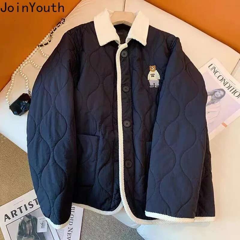 Korean Parkas Cute Bear Embroidery Oversized Jackets 2025 Ropa Mujer Fall Winter Clothes Casual Fashion Warm Vintage Coat Tops