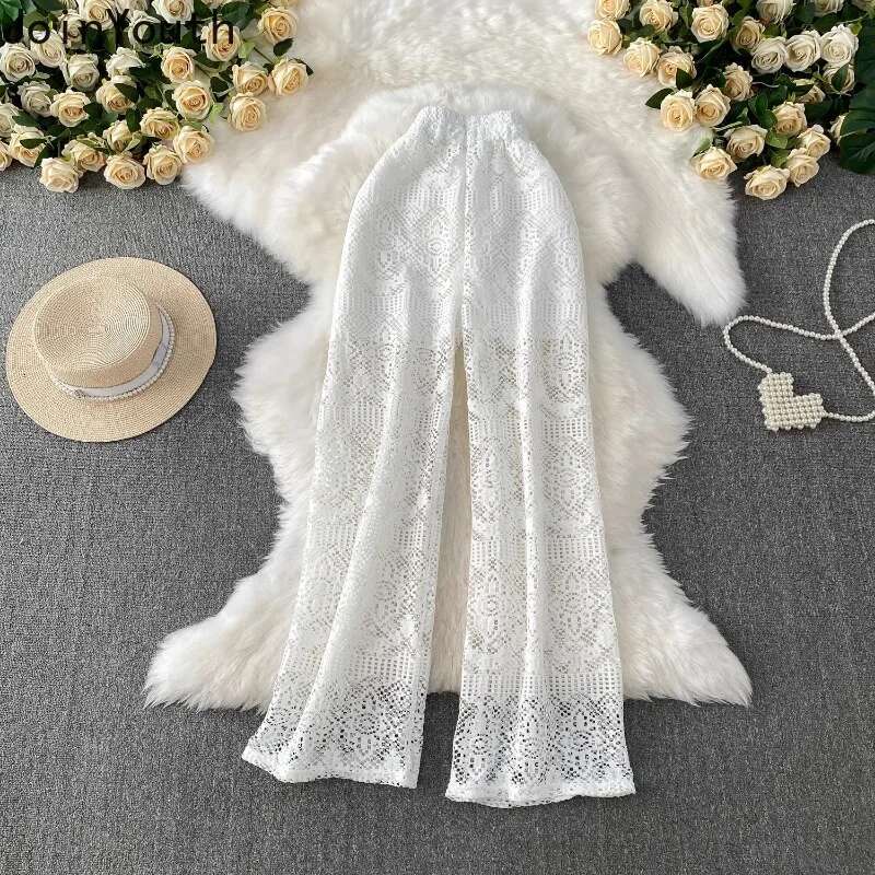 Summer Straight Pants for Womens 2025 New Bottoms High Waist Fashion Hollow Out Thin Pantalon Femme Korean Lace Trousers 63e165