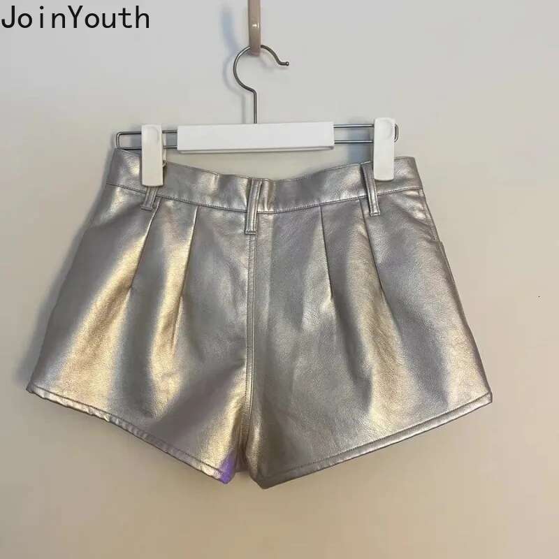 Chic Silver PU Leather Shorts Women Streetwear Slim Waist Sexy Booty Shorts 2025 New Bottoms Summer Pantalones Cortos De Mujer