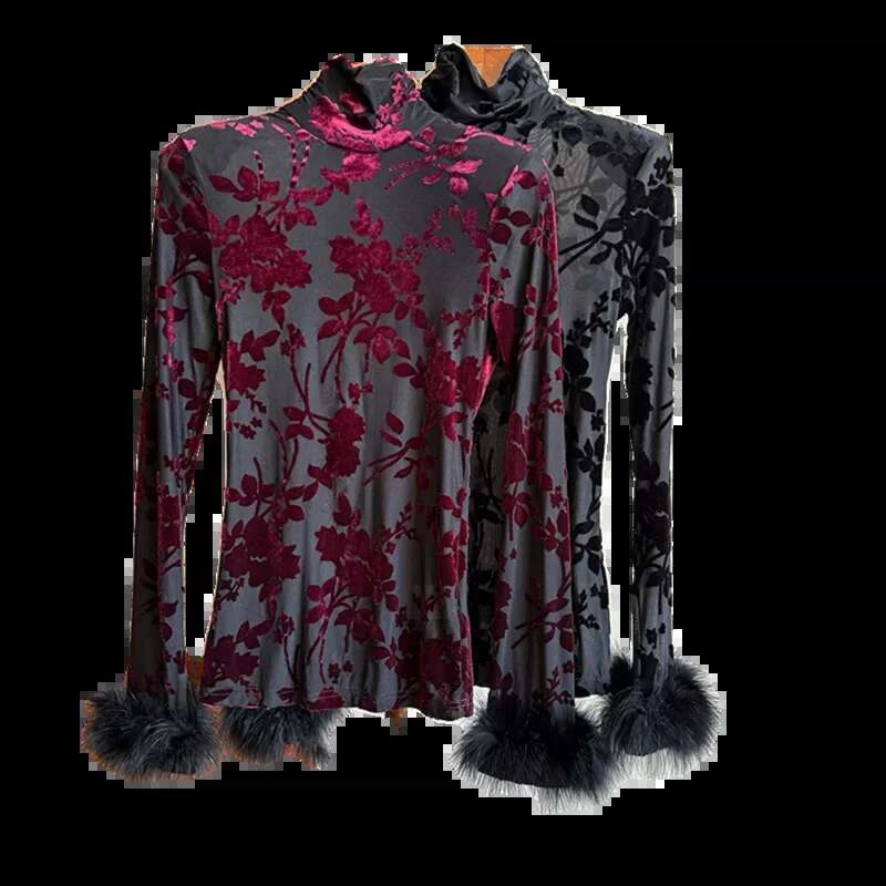 Womens Clothing Flocking Floral High Neck Long Sleeved T-shirt Temperament Tops 2025 Ropa Mujer Vintage Tunic Korean Tshirts