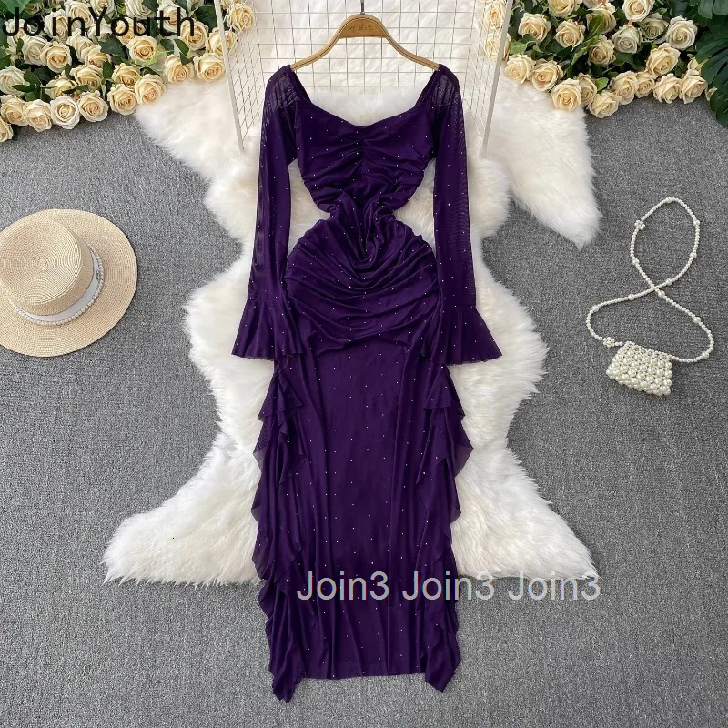 2025 Vestidos De Mujer Flare Sleeve Square Collar Dress Women Tunic Folds Temperament Robe Femme Ruffles Summer Maxi Dresses