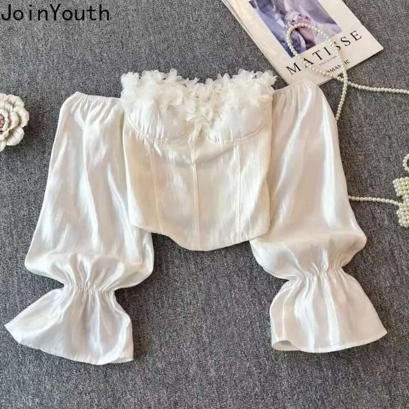 Blouse Women Sexy Slash Neck Long Sleeve Crop Tops 2025 Camisas De Mujer Solid Color Fashion Korean 3D Floral Blouses Shirts