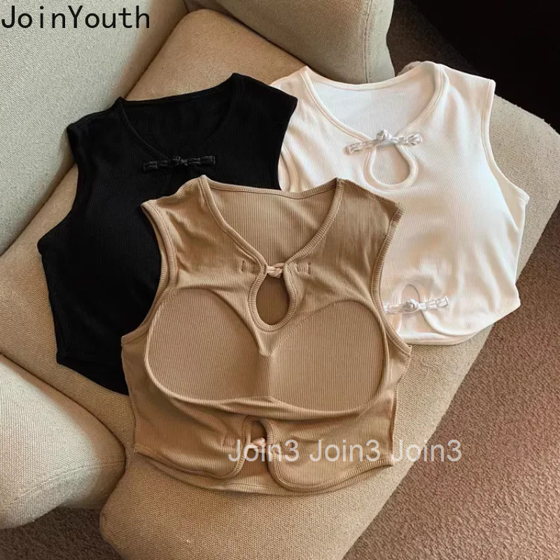 Chinese Style Tshirts Women Stand Neck Sleeveless Sexy T Shirt Crop Tops Hollow Out Tunic Summer Tees Y2k T-shirt Ropa Mujer