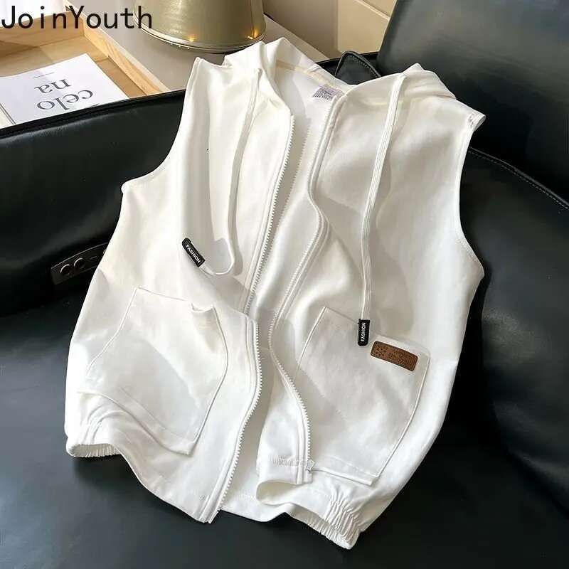 Hooded Vest for Women Fashion Sleeveless Zipper Waistcoat Y2k Clothing Korean Loose Pockets Casual Tanks Tops 2025 Ropa Mujer