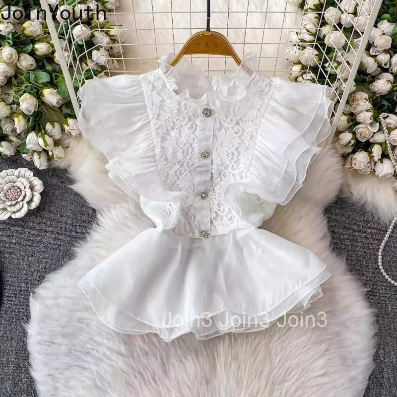 2025 Camisas De Mujer Sleeveless Stand Neck Blouse Women Clothing Heavy Lace Tunic Temperament Tops Ruffles Sweet Summer Shirts