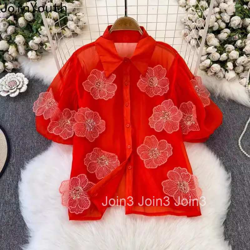 2025 Blusas Mujer De Moda Summer Blouse Womens Clothing Short Sleeve Sweet Sequin Floral Shirt See Through White Blouses Tops