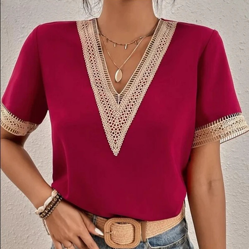 Fashion V-neck Lace T-Shirts Women Summer Casual Top Tees Harajuku Blusas Tee Shirt Streetwear Woman Clothes Camisetas Ropa 250619