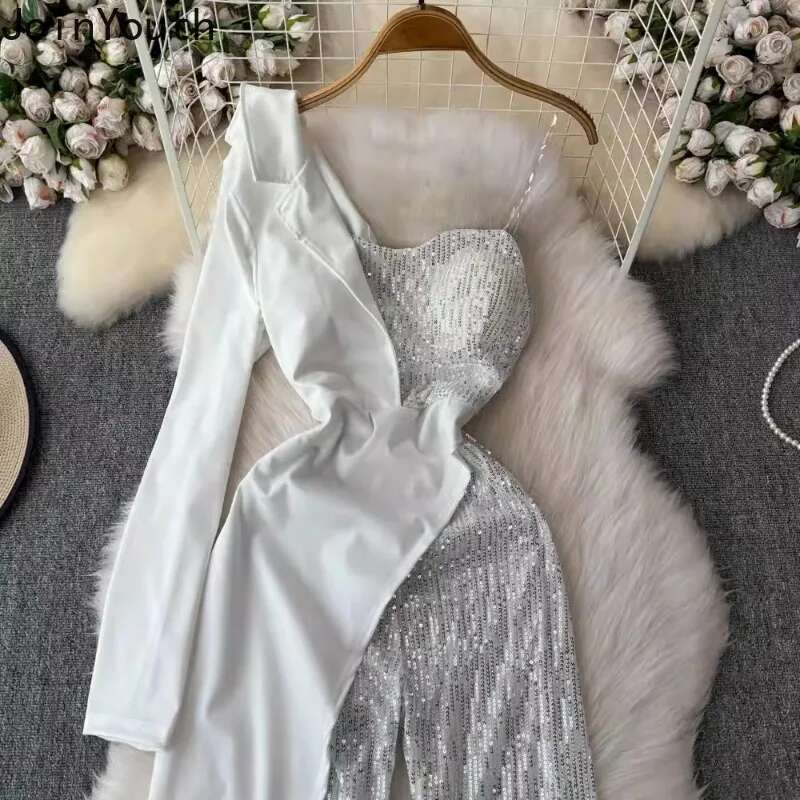 Temperament Korean Jumpsuits Women Clothing Contrast Color Off Shoulder Long Sleeve Bodysuit Heavy Sequin Summer Playsuit 7p519