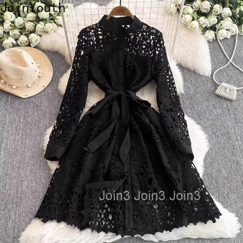 Temperament Robe Femme Vintage Dresses for Women 2025 Vestidos De Mujer Bandage Slim Waist Single Breasted Lace Hollow Out Dress