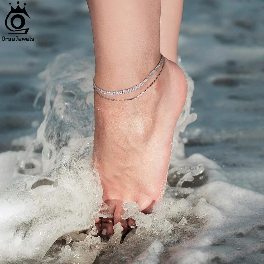 ORSA JEWELS 925 Sterling Silver Italian 2mm Sparkle Mirror Chain Anklets for Women Gold Foot Bracelet Ankle Straps Jewelry SA29 250617