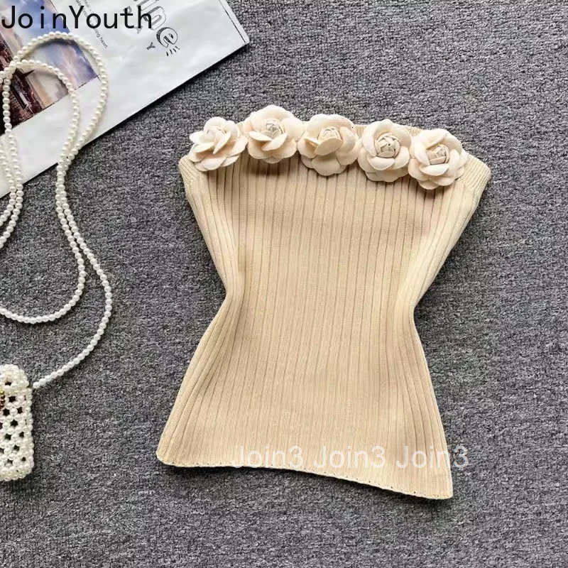 3D Floral Vest for Women Sleeveless Knitted Camis Summer Tanks 2025 Ropa Mujer Backless Fashion Tunic Sexy Strapless Crop Tops