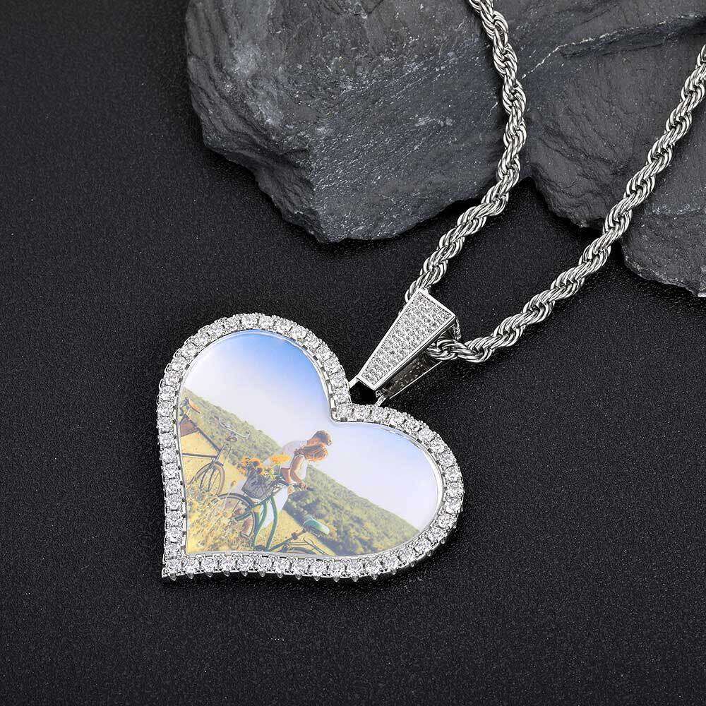 Hip Hop Jewelry Large Heart Photo Frame Pendant Trendy DIY Zircon Men's Necklace 54ee