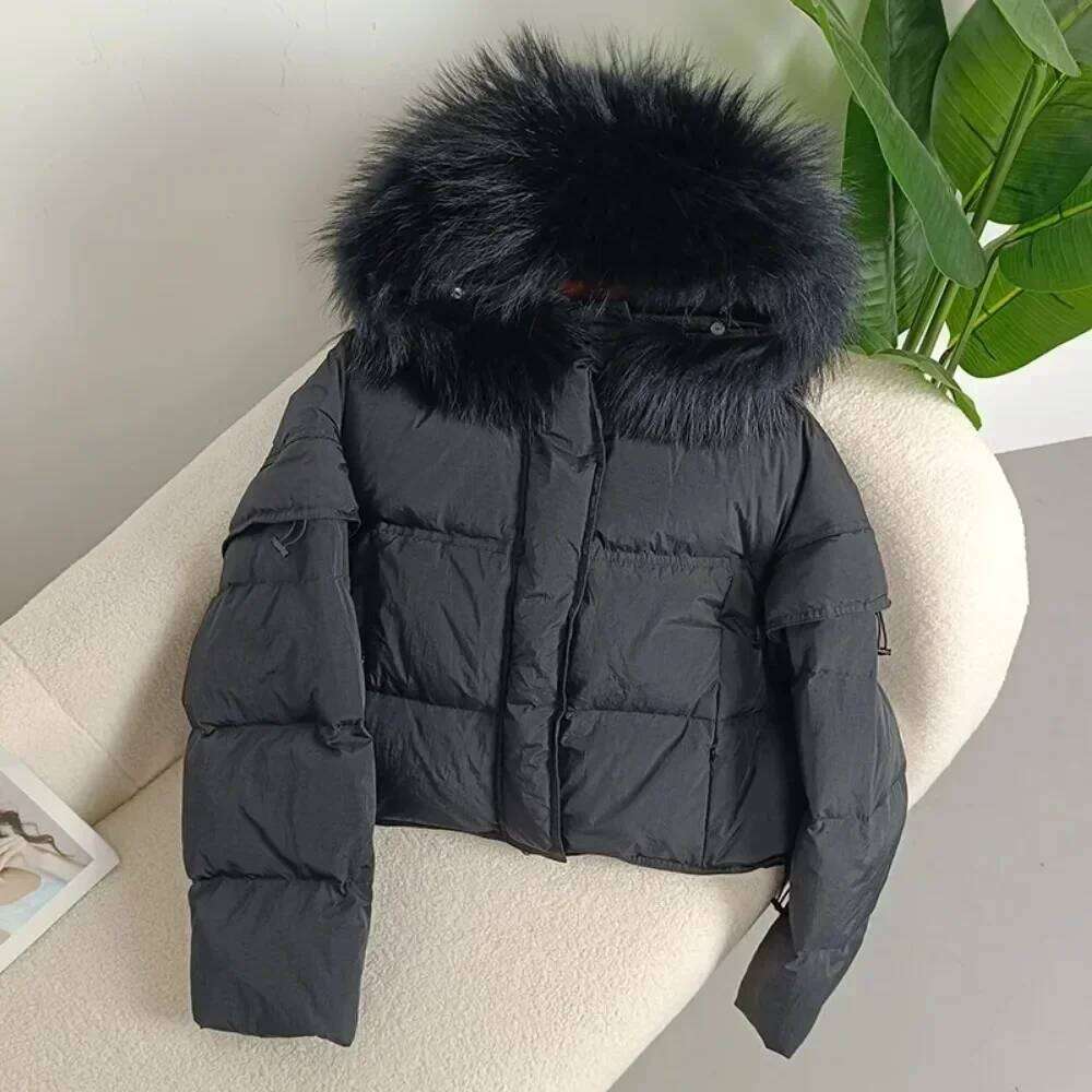 Designer Leisure High Quality Real Raccoon Fur Collar Hooded Detachable Sleeve Jacket Duck Down Loose Fashionable Streetwear Outerwear Autumn Winter W