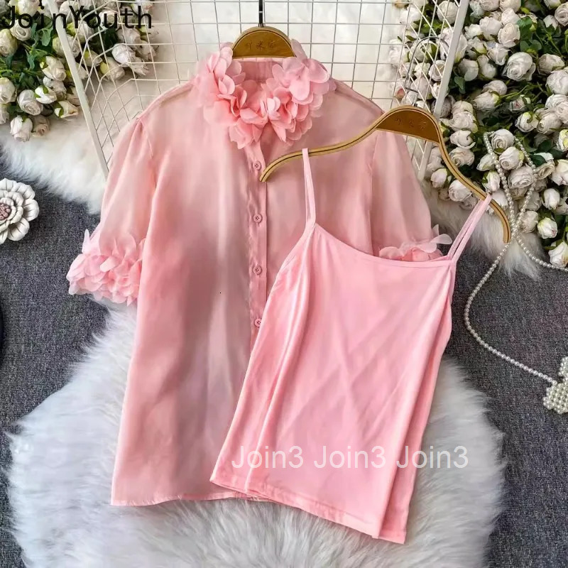 Sweet Pink Blouses Womens Clothing Stand Neck Short Sleeve Summer Shirts 2025 Blusas Mujer De Moda Gauze Loose Tops with Vest