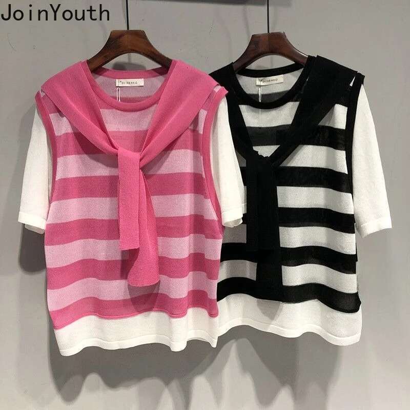 Summer Women Clothes Knit T Shirts Bandage Short Sleeve Fake Two Tees 2025 Ropa Mujer Oversized T-shirt Casual Striped Camisetas