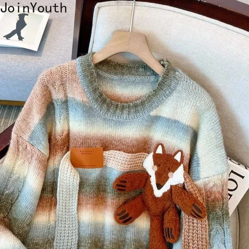 Anime Sweater Women Winter Clothing Korean Jumper Sueter Mujer O-neck Thicked Knitted Pullovers Tops Fashion Striped Pull Femme