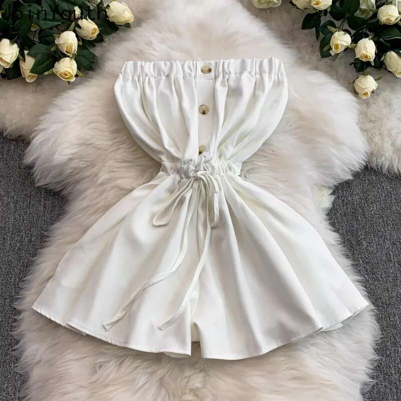 2025 Womens Clothing Summer Jumpsuit Korean Sexy Rompers Solid Color Strapless Jump Suit Slim Waist Wide Leg Shorts Bodysuit