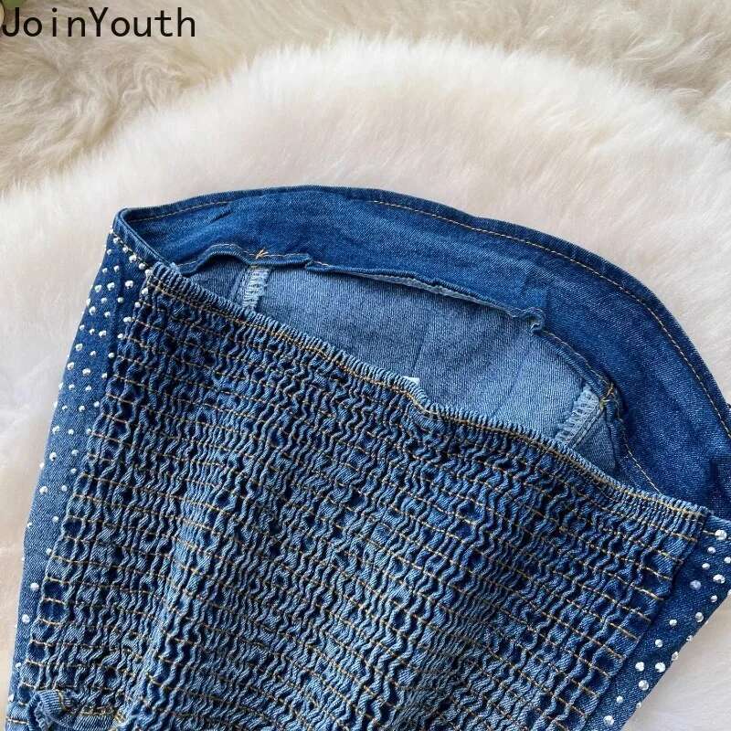 Summer Women Clothing Denim Two Piece Sets Backless Vest Crop Tops Tunic Flare Pants Outfits Chic Sexy Y2k Suit Korean Outfits