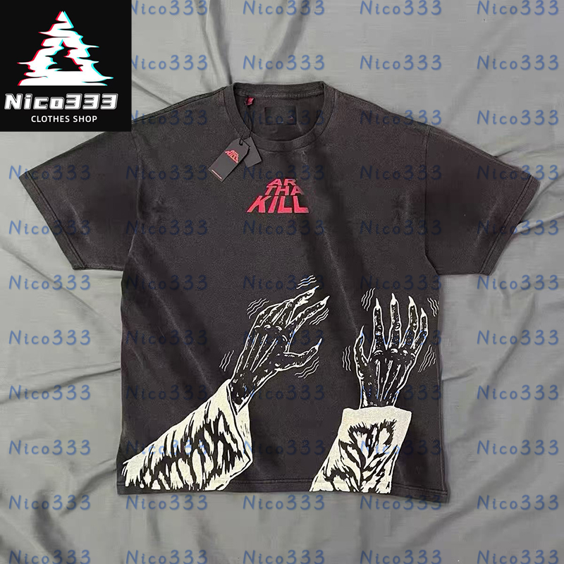 GA Dept Black washed skull double claw letters khaki cotton round neck loose versatile men and women casual breathable short-sleeved T-shirt