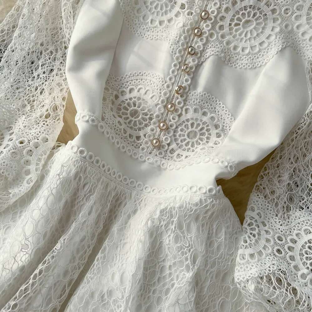 Vintage White Woman Dress Elegant Stand Neck Single Breasted Lace Robe Femme Ruffles Hollow Out Temperament Vestidos De Mujer