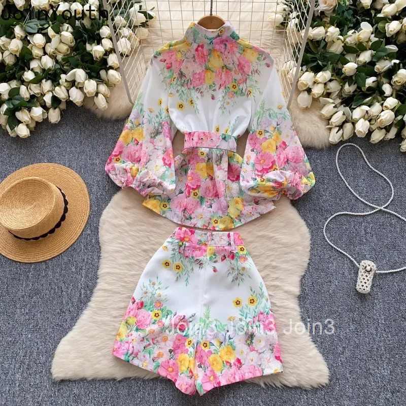 Summer Women Clothing Floral Two Piece Sets Stand Neck Slim Waist Shirt High Waist Wide Leg Shorts Outfits Vintage Korean Suit